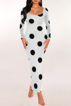 White Elegant Geometric Print Polka Dot Leaf Print Contrast U Neck One Step Skirt Dresses