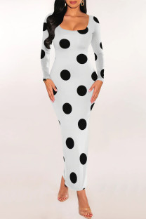 White Elegant Geometric Print Polka Dot Leaf Print Contrast U Neck One Step Skirt Dresses