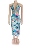 Green Fashion Sexy Print Tie Dye Hollowed Out Backless Halter Sleeveless Dress