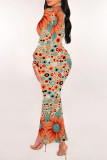 Colour Elegant Geometric Print Polka Dot Leaf Print Contrast U Neck One Step Skirt Dresses