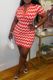 Red Sexy Geometric Print Buckle Patchwork Turndown Collar Wrapped Skirt Dresses