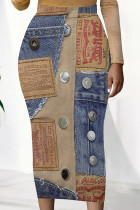Khaki Casual Faux Denim Print Contrast Regular High Waist Full Print Bottoms