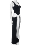 Black Elegant Patchwork Strap Design Contrast U Neck Long Dresses
