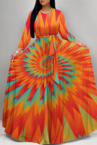 Orange Elegant Tie Dye Print Lace Up O Neck Printed Plus Size Dresses
