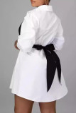 White Street Buckle Patchwork Strap Design Contrast Turndown Collar A Line Dresses
