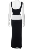 Black Elegant Patchwork Strap Design Contrast U Neck Long Dresses