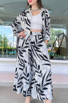 White Casual Print Pocket Buckle Patchwork Turndown Collar Long Sleeve Two Pieces