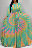 Yellow Elegant Tie Dye Print Lace Up O Neck Printed Plus Size Dresses