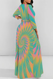 Yellow Elegant Tie Dye Print Lace Up O Neck Printed Plus Size Dresses