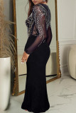 Black Sexy Solid Color Patchwork Hot Drill Zipper Asymmetrical Collar Long Dresses