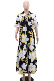 Multicolor Elegant Print Pocket Patchwork Turndown Collar Long Dresses