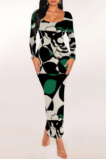 Gray Green Elegant Geometric Print Contrast U Neck One Step Skirt Dresses