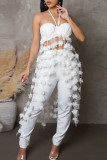 White Sexy Solid Color Fringed Trim Patchwork Backless Halter Sleeveless Two Pieces