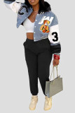 Black Casual Print Pocket Buckle Patchwork Hooded Long Sleeve Two Pieces