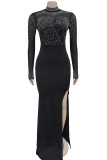 Black Elegant Solid Color Patchwork High Slit Hot Drill Zipper Turtleneck Long Dresses