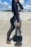 Black Casual Print Patchwork Zipper Zipper Collar Long Sleeve Two Pieces