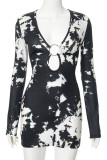 Black And White Sexy Print Hollow Out Patchwork V Neck Wrapped Skirt Dresses