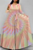 Yellow Elegant Tie Dye Print Lace Up O Neck Printed Plus Size Dresses