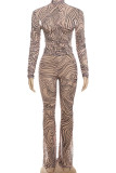 Khaki Casual Print Patchwork Turtleneck Long Sleeve Two Pieces