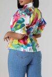 Colour Casual Print Buckle Patchwork Ruched Strap Design Turtleneck Tops