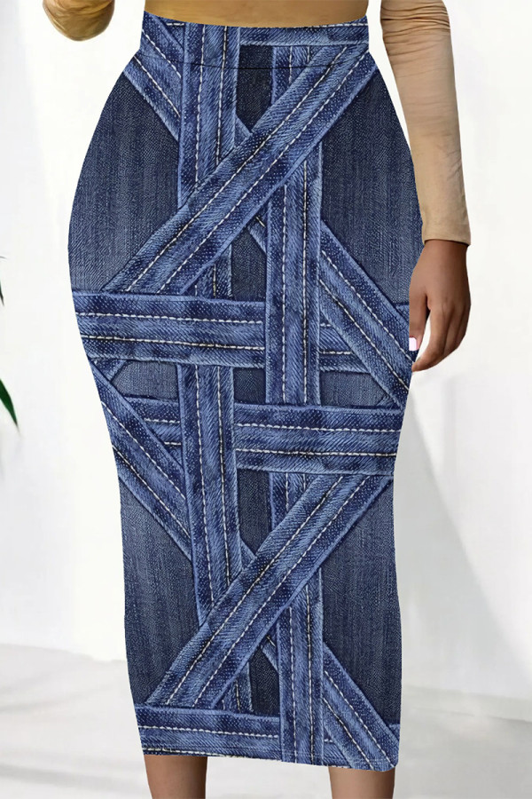 Blue Casual Faux Denim Print Contrast Regular High Waist Full Print Bottoms