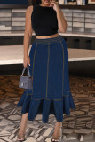 Deep Blue Casual Solid Color Patchwork A Line Plus Size 