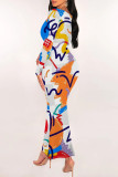 Black Elegant Geometric Print Contrast U Neck One Step Skirt Dresses