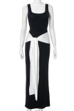 Black Elegant Patchwork Strap Design Contrast U Neck Long Dresses
