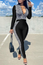 Black Casual Print Patchwork Zipper Zipper Collar Long Sleeve Two Pieces