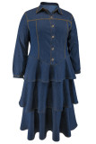 Deep Blue Elegant Solid Color Buckle Patchwork Turndown Collar A Line Plus Size Dresses
