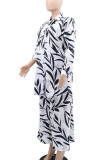 White Casual Print Pocket Buckle Patchwork Turndown Collar Long Sleeve Two Pieces