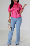 Rose Red Casual Solid Color Buckle Patchwork Ruched Strap Design Turtleneck Tops