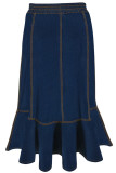 Deep Blue Casual Solid Color Patchwork A Line Plus Size 
