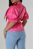 Rose Red Casual Solid Color Buckle Patchwork Ruched Strap Design Turtleneck Tops