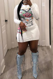 White Casual Print Patchwork O Neck Wrapped Skirt Dresses