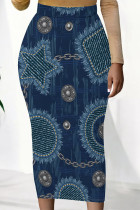 Dark Blue Casual Faux Denim Print Contrast Regular High Waist Full Print Bottoms