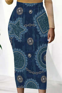 Dark Blue Casual Faux Denim Print Contrast Regular High Waist Full Print Bottoms