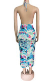 Green Fashion Sexy Print Tie Dye Hollowed Out Backless Halter Sleeveless Dress