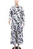 White Casual Print Pocket Buckle Patchwork Turndown Collar Long Sleeve Two Pieces