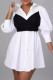 White Street Buckle Patchwork Strap Design Contrast Turndown Collar A Line Dresses