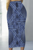 Blue Brown Casual Faux Denim Print Contrast Regular High Waist Full Print Bottoms