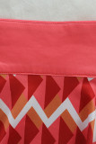 Red Sexy Geometric Print Buckle Patchwork Turndown Collar Wrapped Skirt Dresses