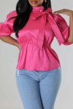 Rose Red Casual Solid Color Buckle Patchwork Ruched Strap Design Turtleneck Tops