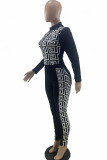 Black Casual Print Patchwork Zipper Zipper Collar Long Sleeve Two Pieces