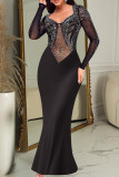 Black Sexy Solid Color Patchwork Hot Drill Zipper Asymmetrical Collar Long Dresses