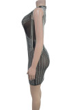 Black Sexy Fringed Trim Patchwork Hot Drill O Neck Wrapped Skirt Dresses