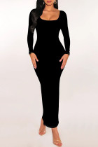 Black Elegant Geometric Print Contrast U Neck One Step Skirt Dresses