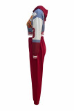 Red Casual Print Pocket Buckle Patchwork Hooded Long Sleeve Two Pieces