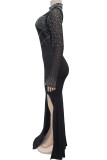 Black Elegant Solid Color Patchwork High Slit Hot Drill Zipper Turtleneck Long Dresses