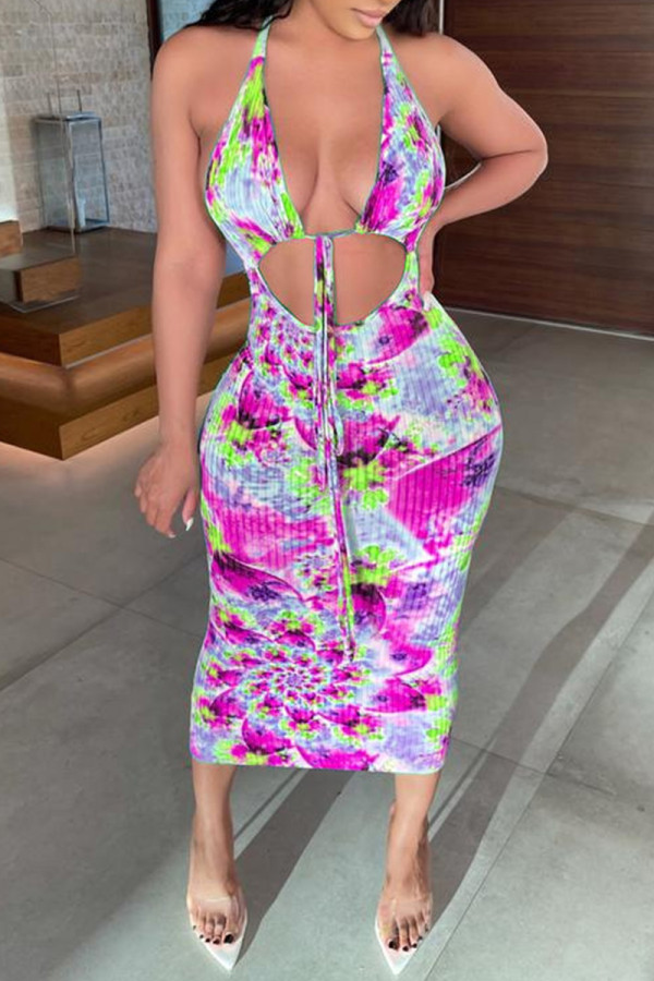 Rose Red Fashion Sexy Print Tie Dye Hollowed Out Backless Halter Sleeveless Dress